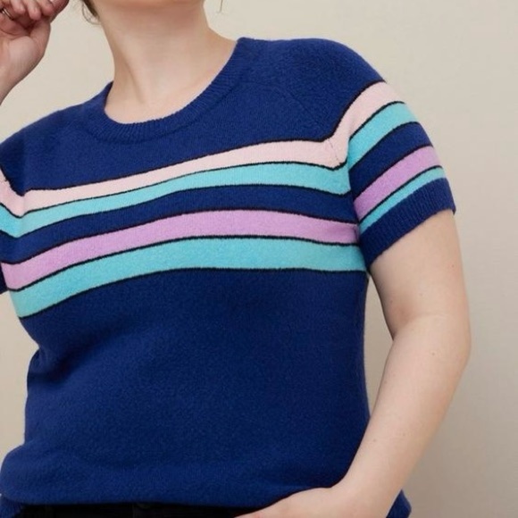 Torrid Vegan Cashmere Pullover Short Sleeve Sweater in Navy Stripe Size 3 - Picture 3 of 10